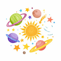 Vintage crayon drawn stars, comets, planets and asteroids collection. Childish drawing cosmic illustration.