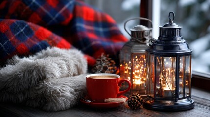 Warm winter ambiance with a cozy drink and glowing lanterns in a snowy setting