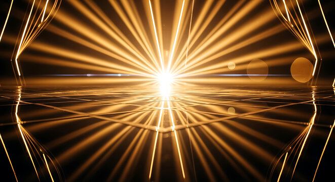 Abstract image featuring converging golden light beams emanating from a central bright point, creating a symmetrical and radiant pattern.