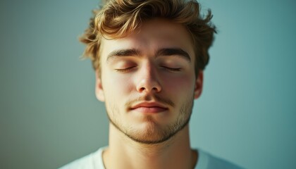 Obraz premium Stress Relief Techniques: Portrait Of A Handsome Young Man With Closed Eyes Demonstrating Positive Human Emotions And Emotions Through Facial Expressions.