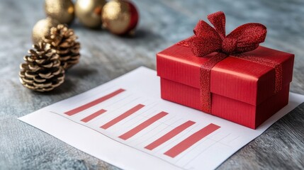 Red gift box on financial report with pine cones, holiday theme, soft focus.