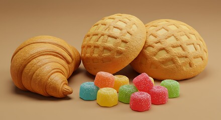 Sweet Treats - Croissant, Melon Pan, and Colorful Candies.