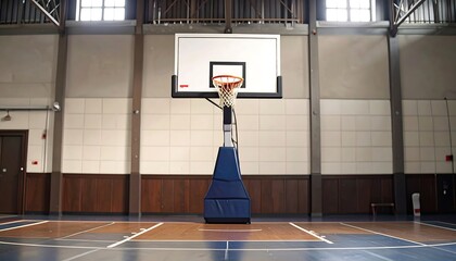 A detailed shot of an empty indoor basketball court with the backboard and hoop centered. The flooring showcases a multi-tone design