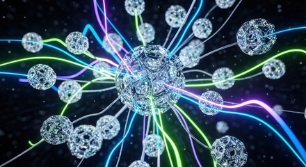 A complex central sphere interconnected by numerous glowing multi-colored lines to smaller crystalline spherical structures in a dark environment with luminous particles