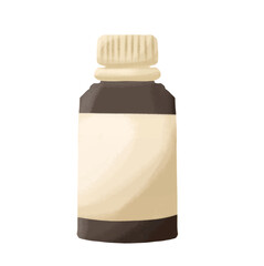 Hand-drawn watercolor illustration of a small brown medicine bottle with a blank label for copy space, isolated on a white background