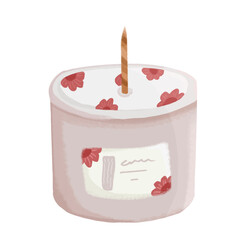 Hand-drawn illustration of a pink candle with floral accents and a wooden wick, perfect for decorative and lifestyle themes