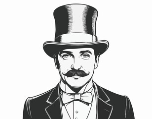 Portrait of an English gentleman with a mustache in a suit and top hat hand drawn sketch Illustration.