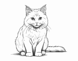 Obraz premium Fluffy cat sitting hand drawn sketch Pets Vector illustration