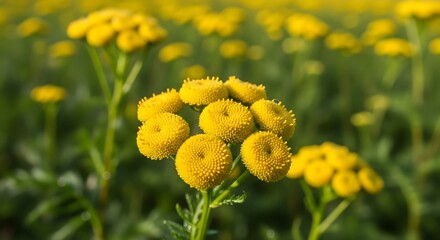 Vibrant yellow Tansy flowers blooming in a summer meadow.