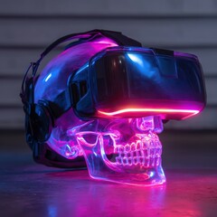 Fototapeta premium Neon Glowing VR Headset Projected on a Transparent Skull Hologram in a Futuristic Setting, Evoking a Cyberpunk Aesthetic in Striking Colors