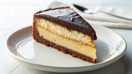 Delicious multi layered cake slice with chocolate and cream filling