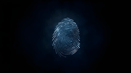 Futuristic fingerprint icon made of glowing particles, minimal cyber security symbol.