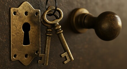 Vintage Brass Keys and Keyhole on an Old Door.