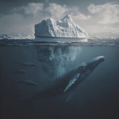humpback whales swimming beneath iceberg in polar ocean