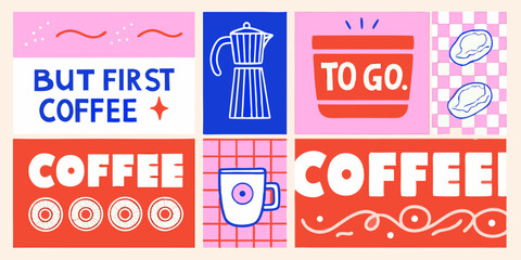 Vibrant collage of coffee themed illustrations and text in a playful retro style