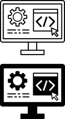 Software Development Icons. Black and White Vector Illustrations. Computer, Gear, Mouse Cursor, and Web Page. Computer Programs and Applications Creation. Information Technology Concept