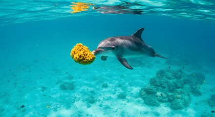 Dolphin holding yellow sponge underwater