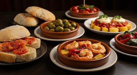 Traditional Spanish tapas dishes on a dark table.