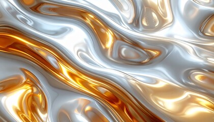 Metallic liquid texture with shiny reflective surface silver and gold tones luxury abstract background
