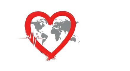 Red heart shape with world map and heartbeat line, symbolizing global health and love