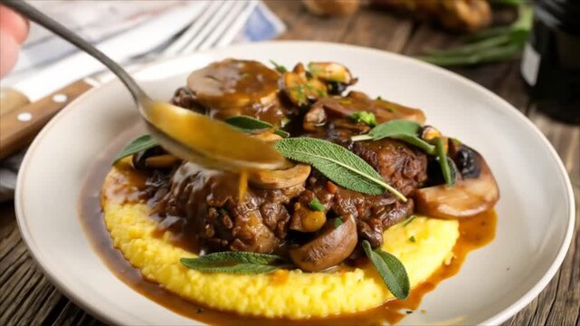 Beef osso buco with polenta and mushrooms