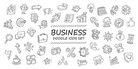 Business doodle line icon set isolated on white background. Hand drawn Business related elements can be used in marketing, finance and other business concepts. Vector illustration. Editable stroke.