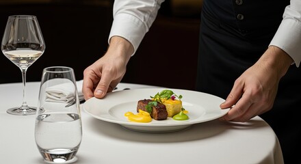 Elegant Food Presentation Waiter Serving Gourmet Dish on White Table