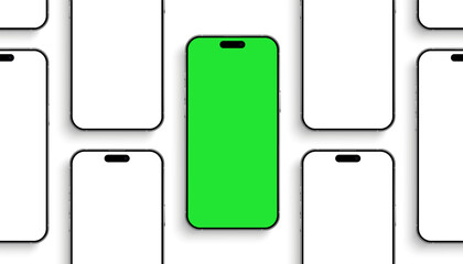 Smartphone mockup group, 3D mobile phones device front view, high quality smart phone mockup with shadow for ui ux presentation, realistic smart phone set isolated on white background