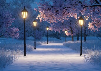 Magical winter night scene with a snowy path and glowing street lamps. Fantasy, romance, and tranquility concept. A park alley with blooming cherry blossom trees under snowfall