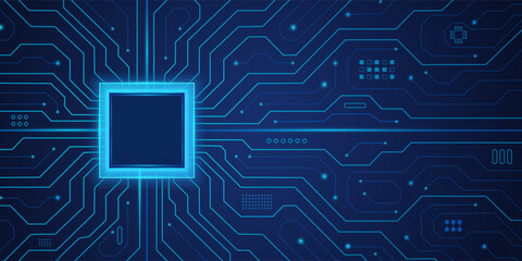 Processor CPU with glowing neon frame on circuit board. Technology artificial intelligence innovation web banner. Digital AI chip tech semiconductor pattern. Big data backdrop