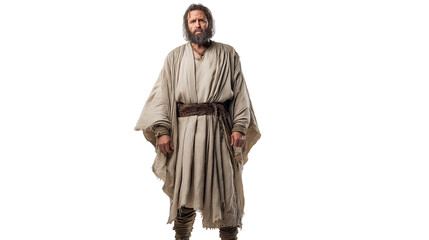 Obraz premium Obadiah full body on transparent background, biblical prophet in rough robe, ancient style clothing, isolated PNG figure for Christian and Old Testament themes.