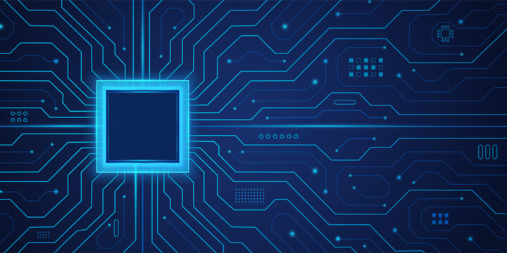 Processor CPU with glowing neon frame on circuit board. Technology artificial intelligence innovation web banner. Digital AI chip tech semiconductor pattern. Big data backdrop