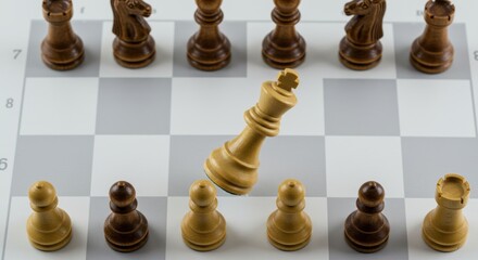 Falling Ivory Chess King on Board with Wooden Chess Pieces