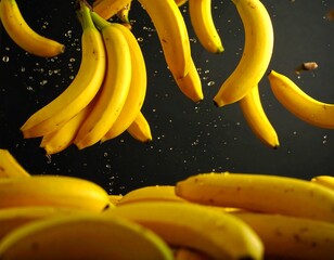 Yellow bananas in mid-air, splashing water