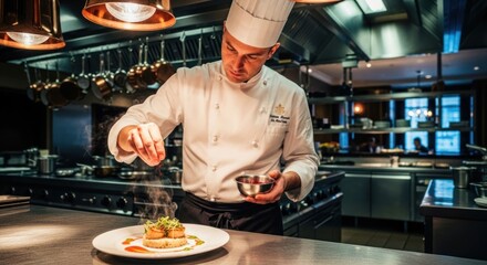 Chef meticulously seasons dish in professional kitchen