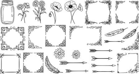 Set of Hand Drawn Mason Jars, Wildflowers, Feathers, Corner Frames and Arrows. Vector Illustration Bundle for Boho and Rustic Design