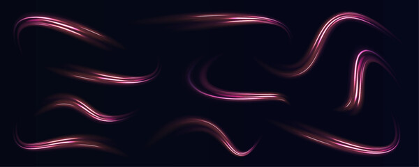 Set of neon speed lines on transparent background. Lines in the shape of a comet against a dark background. Abstract energy in the form of stripe, arc, curl and zigzag in neon colors with light. © Extrastock