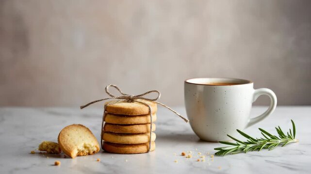 Stack of tied cookies beside steaming cup and sprig rosemary on marble surface