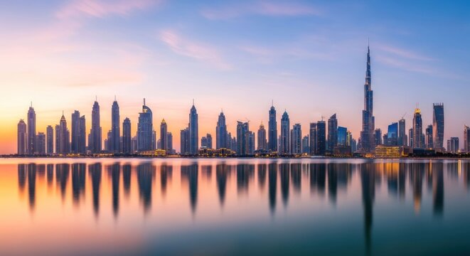 City skyline at dawn, reflected in water