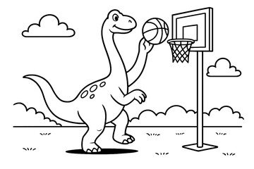 Cartoon dinosaur playing basketball outdoors, holding a ball near the hoop. Fun coloring page