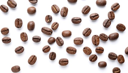 Coffee beans scattered on white background