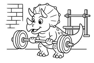 Strong cartoon triceratops dinosaur lifting heavy barbell in gym. Fun coloring page