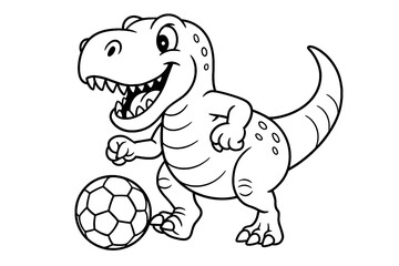 Happy dinosaur playing soccer, kicking a football with excitement. Fun coloring page