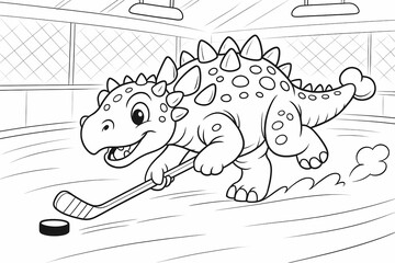 Cartoon ankylosaurus dinosaur playing ice hockey in the rink. Fun coloring page