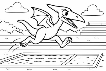 Cartoon pterodactyl dinosaur jumping long jump at stadium track. Fun coloring page