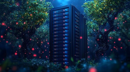 Server Farm in a Mystic Forest: A cutting-edge server farm, stands amidst a surreal forest, blending technology with nature.