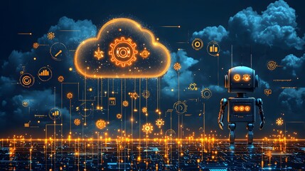 Digital Future: A futuristic depiction showcases a metallic robot and cloud based computing infrastructure, symbolizing technology's ever-evolving realm.