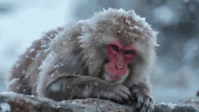 Mono de nieve, acurrucado contra la nieve que cae en una roca termal