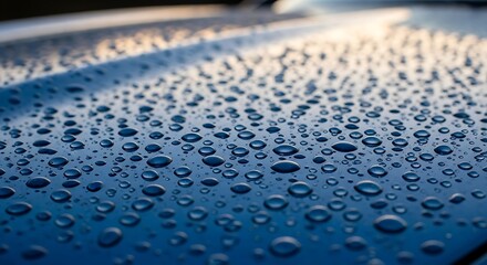 Water Droplets on Blue Car Surface After Rain.