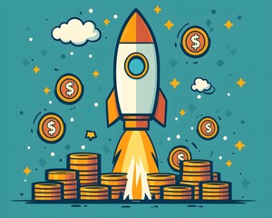 Financial Ascent: A stylized rocket ship soars upwards, leaving a trail of flames, while gold coins ascend, representing financial growth. Illustrating the concept of investment, startup success.